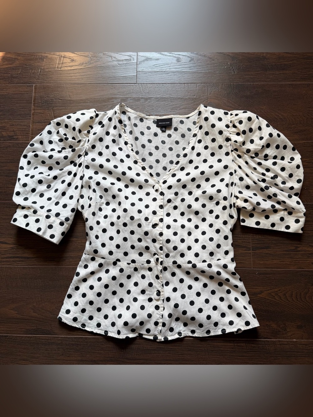 Who What Wear Polka Dot Puff Sleeve Tie Waist  Blouse